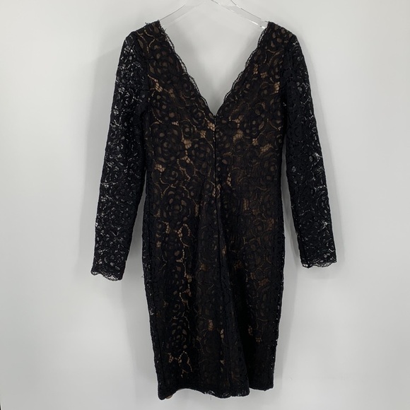 Vera Wang Dress black lace cocktail shift sheath long sleeve back front V 10 - Picture 3 of 4